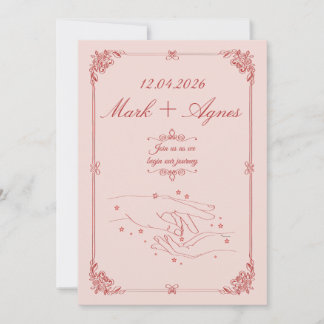 Convite Arte de Linha de Mãos de Casamento Rosa Vermelho E