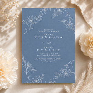 Convite Arte de Linha Floral Boho Azul Empoeirado Casament
