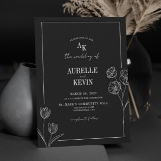 Convite Arte de Linha Floral Rústico Preto Casamento Elega