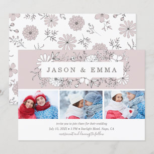 Convite Arte de Linha Frame Floral Rosa 3 Fotografia Casam