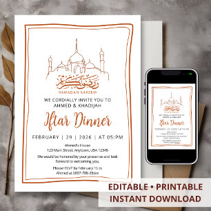 Convite Arte de Linha Minimalista Mesquita Jantar de Iftar
