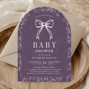 Convite Arte de Linha Roxa Empoeirada Coquette Laço Baby S