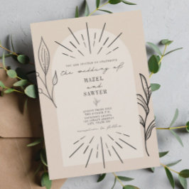 Convite Arte de Linha Script Tan Desert Casamento Botânico