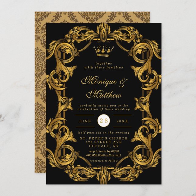 Convite Arte de Luxo Nouveau Dourado Casamento Real Invita (Frente/Verso)