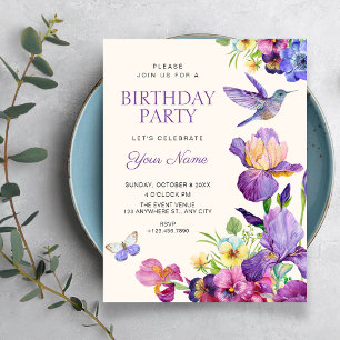 Convite Arte de pássaro floral roxo elegante aniversário