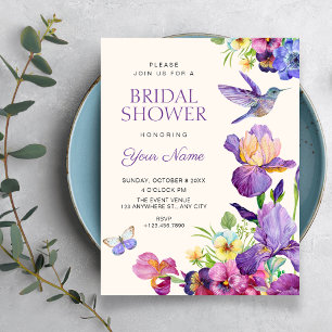 Convite Arte de pássaro floral roxo elegante chá de noiva