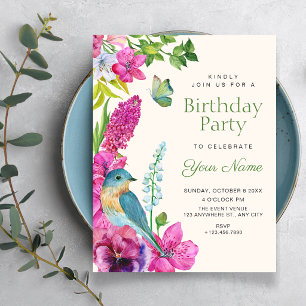 Convite arte de pássaros florais de aniversário