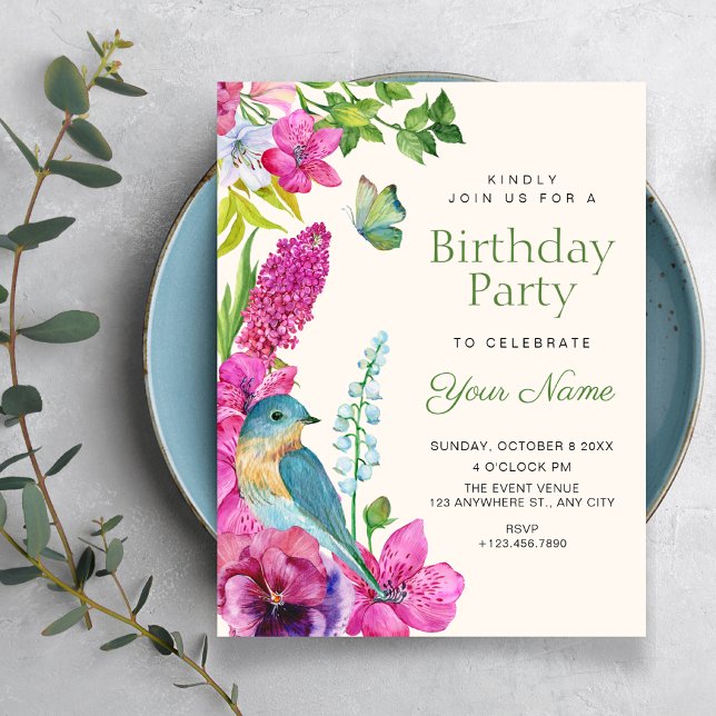 Convite arte de pássaros florais de aniversário (Criador carregado)