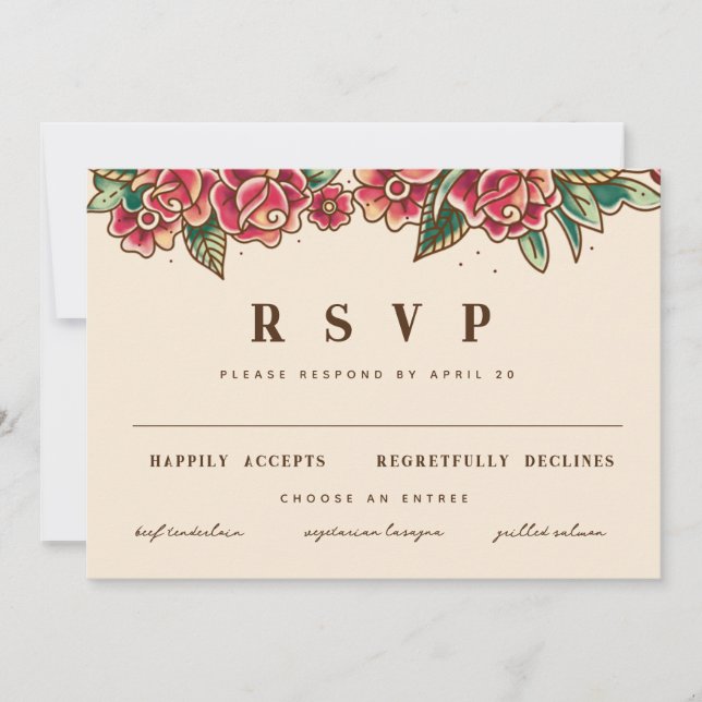 Convite Arte de Tatuagem Rosa da Escola Antiga (Frente)