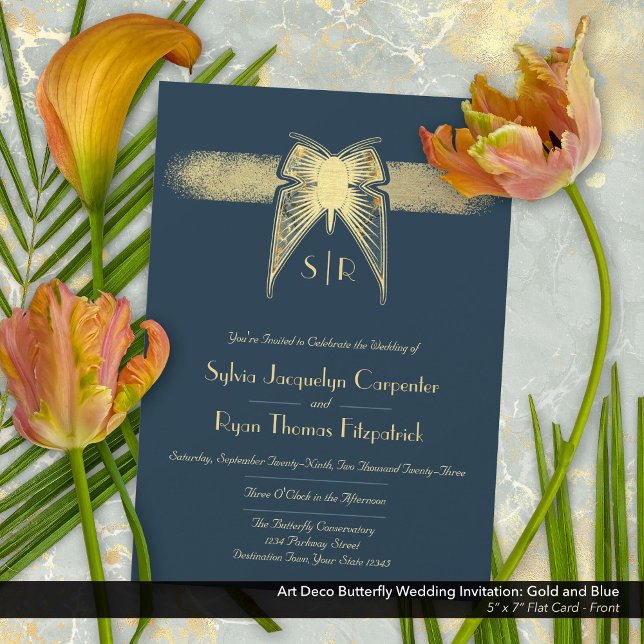 Convite Arte Deco Borboleta Monograma Azul e Casamento Dou (Art Deco Butterfly Monogram Blue and Gold Wedding Invitation - Front)