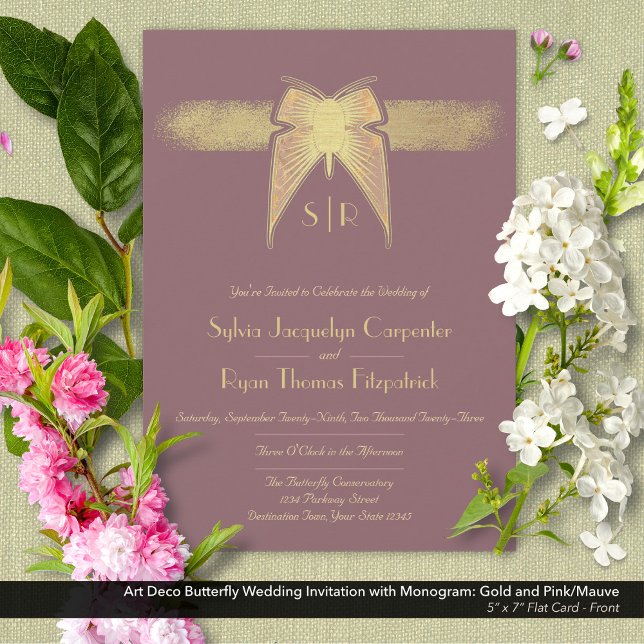 Convite Arte Deco Borboleta Monograma Rosa e Casamento Dou (Art Deco Butterfly Monogram Pink/Mauve and Gold Wedding Invitation - Front)