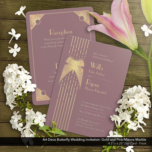 Convite Arte Deco Borboleta Rosa e Dourado Casamento (Art Deco Butterfly Pink and Gold Wedding Invitation - Front)