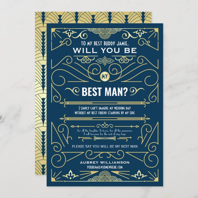 Convite Arte Deco Casamento Será Meu Melhor Homem Dourado  (Frente/Verso)