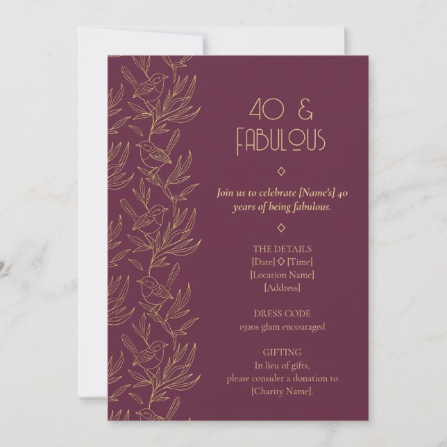 Convite Arte Deco com Fio de Ouro | Aniversário de 40 anos (Frente)