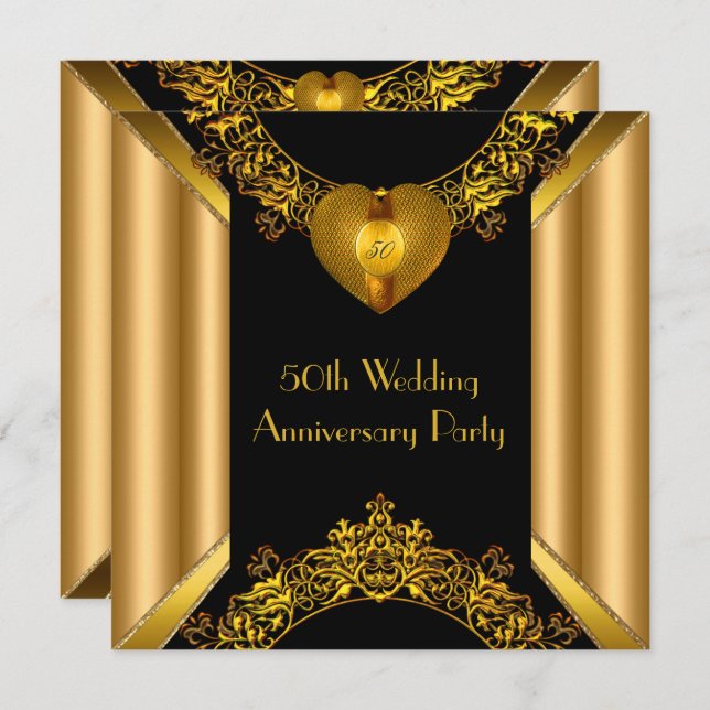 Convite Arte Deco Coração Dourado Dourado 50º Aniversário  (Frente/Verso)
