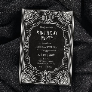 Convite Arte deco de aniversário vintage preto