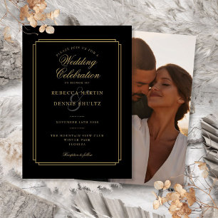 Convite Arte Deco de Casamento com Foto e Letra Dourada