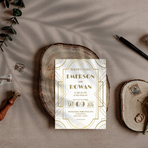 Convite Arte Deco editável Branco e Dourado Gatsby Anos 20