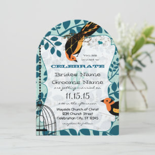Convite Arte Deco Inspirada em Coral e Azul Turquesa Aves