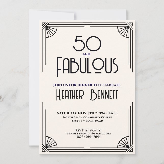 Convite Arte Deco Moderno 50 e Fabuloso Aniversário (Frente)