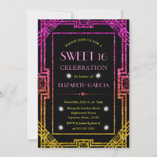 Convite Arte Deco Moldura Brilho Rosa e Amarelo Sweet 16