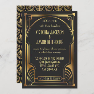 Convite Arte Deco Nouveau Casamento Dourado e Preto