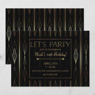 Convite Arte Deco Preto e Dourado Aniversário Vamos Festej