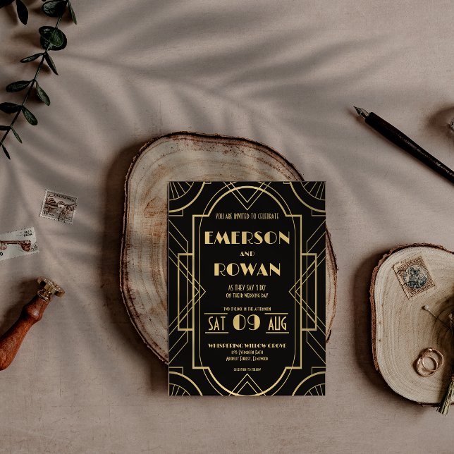 Convite Arte Deco Preto e Dourado Anos 20 Personalizado (Classic Art Deco in Gold and black Wedding Invitaion)