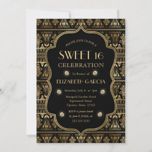 Convite Arte Deco Preto e Dourado Quadro Antigo Sweet 16