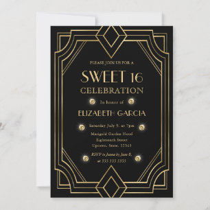 Convite Arte Deco Preto e Dourado Quadro Antigo Sweet 16