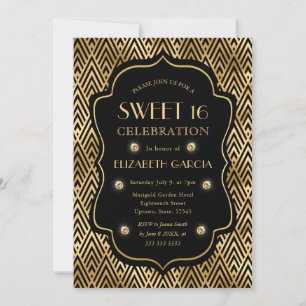 Convite Arte Deco Preto e Dourado Quadro Vintage Sweet 16