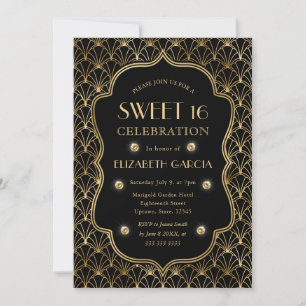 Convite Arte Deco Preto e Dourado Quadro Vintage Sweet 16