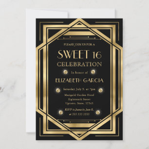 Convite Arte Deco Preto e Dourado Quadro Vintage Sweet 16