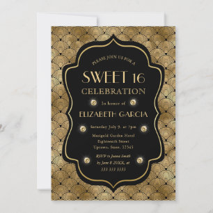 Convite Arte Deco Preto e Dourado Quadro Vintage Sweet 16