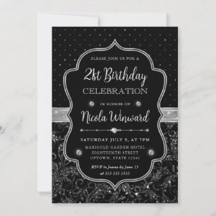 Convite Arte Deco Preto e Prata Brilho Aniversário de 21 a
