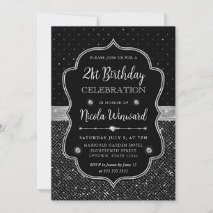 Convite Arte Deco Preto e Prata Brilho Aniversário de 21 a