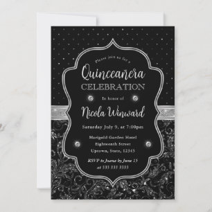 Convite Arte Deco Preto e Prata Brilho Quinceanera
