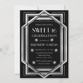 Convite Arte Deco Preto e Prata Quadro Antigo Sweet 16