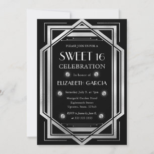 Convite Arte Deco Preto e Prata Quadro Antigo Sweet 16