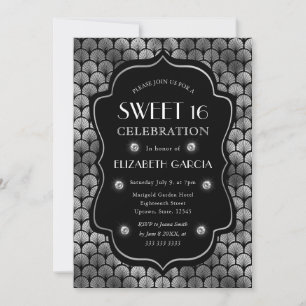 Convite Arte Deco Preto e Prata Quadro Vintage Sweet 16