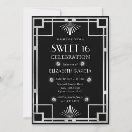 Convite Arte Deco Preto e Prata Quadro Vintage Sweet 16