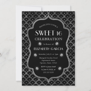 Convite Arte Deco Preto e Prata Quadro Vintage Sweet 16