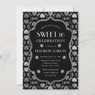 Convite Arte Deco Preto e Prata Quadro Vintage Sweet 16