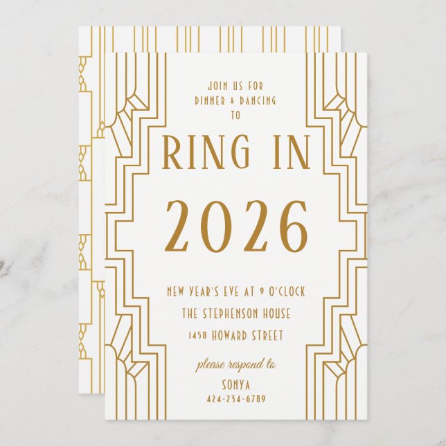 Convite Arte Deco Quadro Dourado Festa de Véspera de Ano N (Frente/Verso)