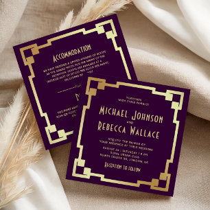 Convite Arte Deco Quadro Roxo Dourado Tudo em Um Casamento
