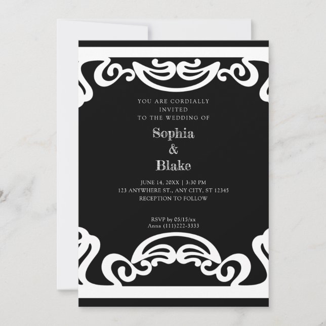 Convite Arte Deco Simples Preto e Branco para Casamento (Frente)