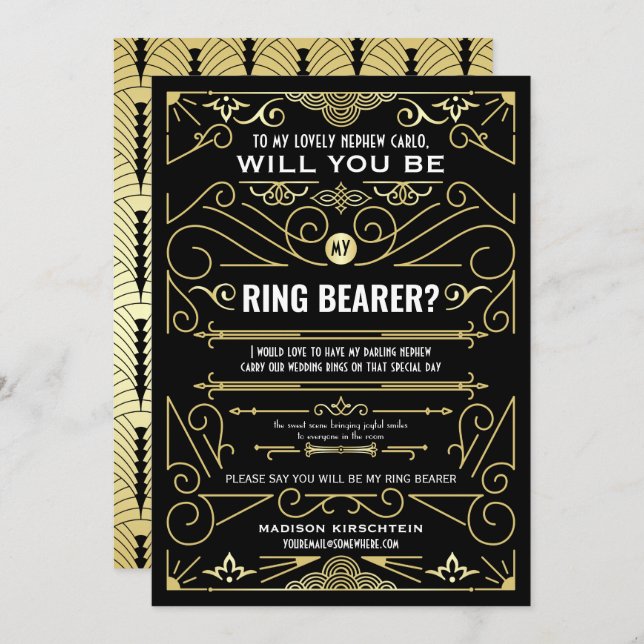 Convite Arte Deco Você Será Meu Ring Bearer Dourado Negro (Frente/Verso)