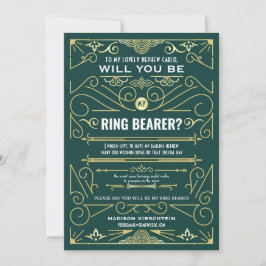 Convite Arte Deco Você Será Meu Ring Bearer Verde Dourado