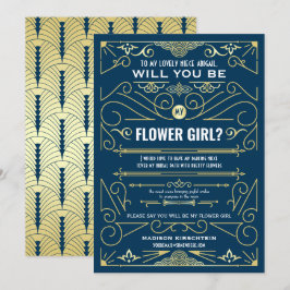 Convite Arte Deco Você Será Minha Menina Flor Dourada Azul