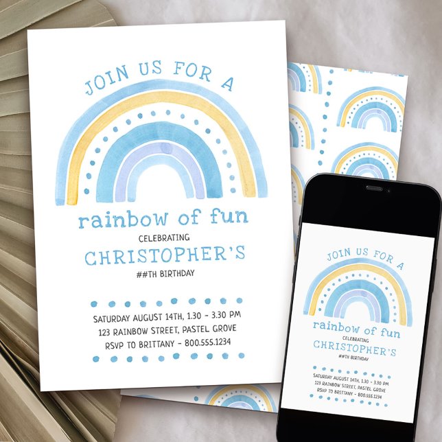 Convite Arte do Arco-Íris Pastel Boys Aniversário (Rainbow of Fun 1st birthday invitation)